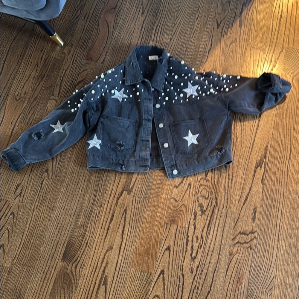 POL Gray Jean Jacket with Pearl and Crystal Beading